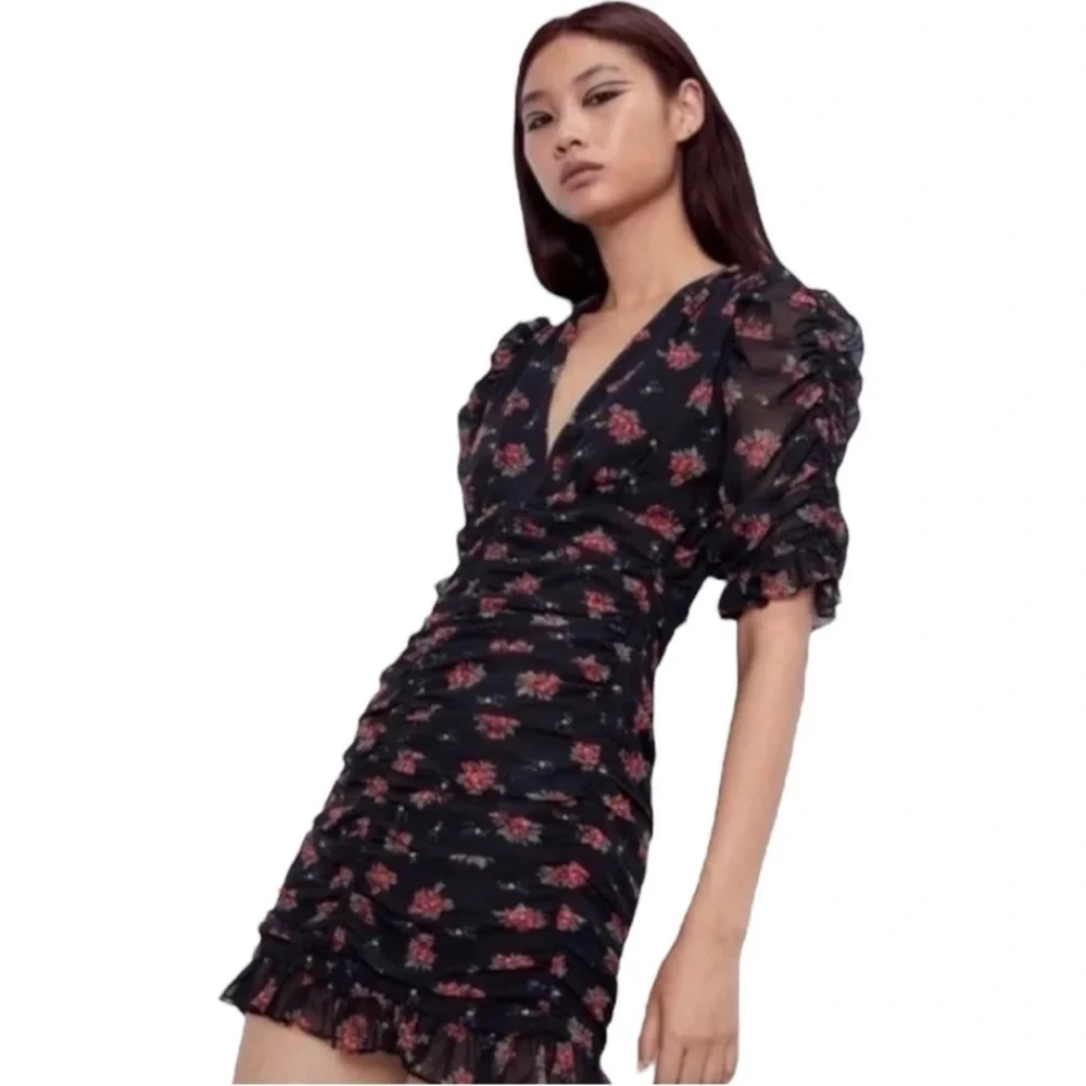 Zara Floral Ruched Mini Dress Mesh Ruffle Plunge V-Neck Puff Sleeve Size Small - Picture 2 of 8